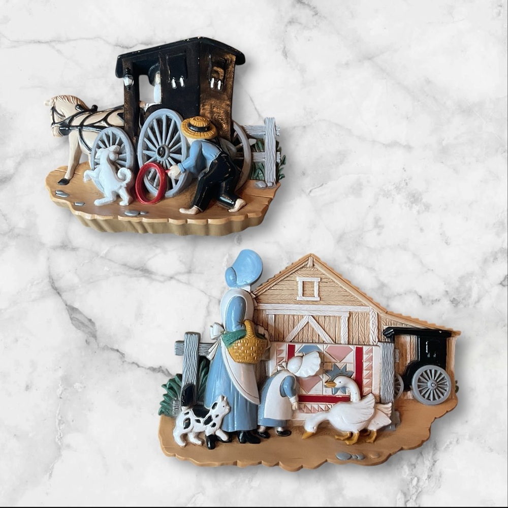 Vintage Burwood Products Wall Hanging Plaques Decor Amish Set Of 2